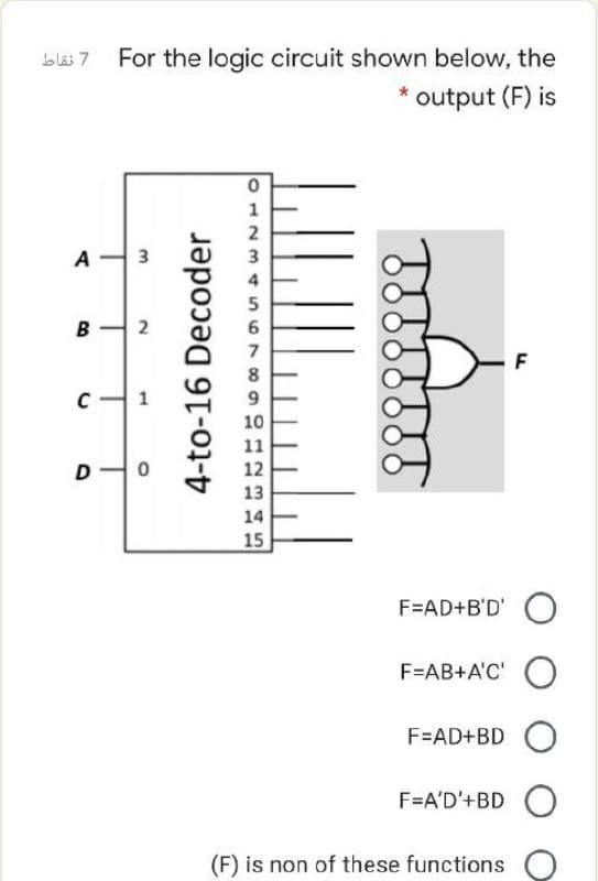 For the logic circuit shown below, the
output (F) is
1
A
B
2
6
7
F
8
1
10
11
D
12
13
14
15
F=AD+B'D'
F=AB+A'C' O
F=AD+BD
F=A'D'+BD O
(F) is non of these functions
3.
4-to-16 Decoder
