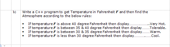 Write a C++ program to get Temperature in Fahrenheit F and then find the
Atmosphere according to the below rules:
• f temperature Fis above 40 degree Fahrenheit then display.
If temperature Fis between 35 & 40 degree Fahrenheit then display.
If temperature F is between 30 & 35 degree Fahrenheit then display.
If temperature F is less than 30 degree Fahrenheit then display.
.Very Hot.
„Tolerable.
Warm.
.Cool.
