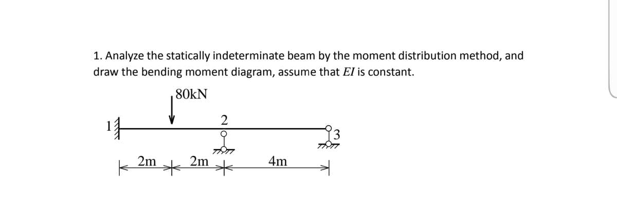 1. Analyze the statically indeterminate beam by the moment distribution method, and
draw the bending moment diagram, assume that El is constant.
80kN
2
2m
2m
4m
