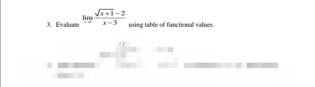 Vx+
lim
x+1-2
3. Evaluate
x-3
using table of functional values.
