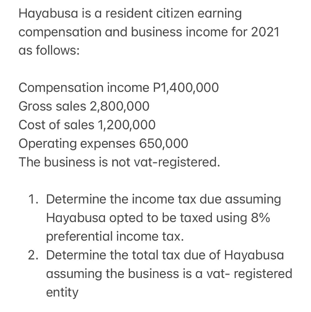 Hayabusa is a resident citizen earning
compensation and business income for 2021
as follows:
Compensation income P1,400,000
Gross sales 2,800,000
Cost of sales 1,200,000
Operating expenses 650,000
The business is not vat-registered.
1. Determine the income tax due assuming
Hayabusa opted to be taxed using 8%
preferential income tax.
2. Determine the total tax due of Hayabusa
assuming the business is a vat- registered
entity
