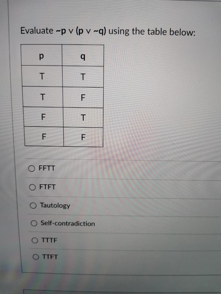 Evaluate -p v (p v ~q) using the table below:
F
F
O FFTT
O FTFT
O Tautology
Self-contradiction
TTTF
TTFT
F.
