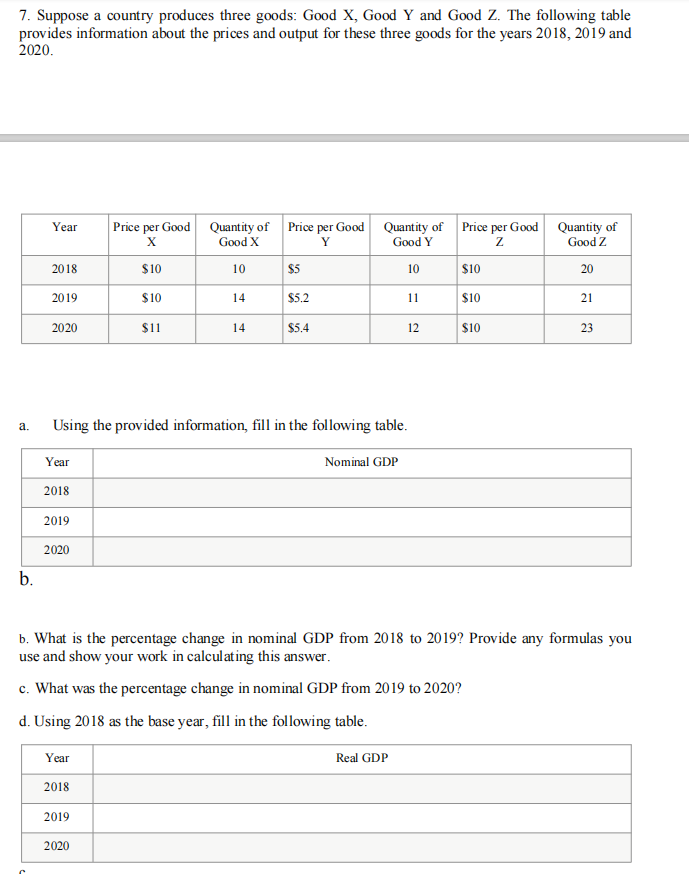 7. Suppose a country produces three goods: Good X, Good Y and Good Z. The following table
provides information about the prices and output for these three goods for the years 2018, 2019 and
2020.
Price per Good Quantity of Price per Good Quantity of Price per Good Quantity of
Good Z
Year
Good X
Y
Good Y
2018
$10
10
$5
10
$10
20
2019
$10
14
$5.2
11
$10
21
2020
$1
14
$5.4
12
$10
23
Using the provided information, fill in the following table.
а.
Year
Nominal GDP
2018
2019
2020
b.
b. What is the percentage change in nominal GDP from 2018 to 2019? Provide any formulas you
use and show your work in calculating this answer.
c. What was the percentage change in nominal GDP from 2019 to 2020?
d. Using 2018 as the base year, fill in the following table.
Year
Real GDP
2018
2019
2020
