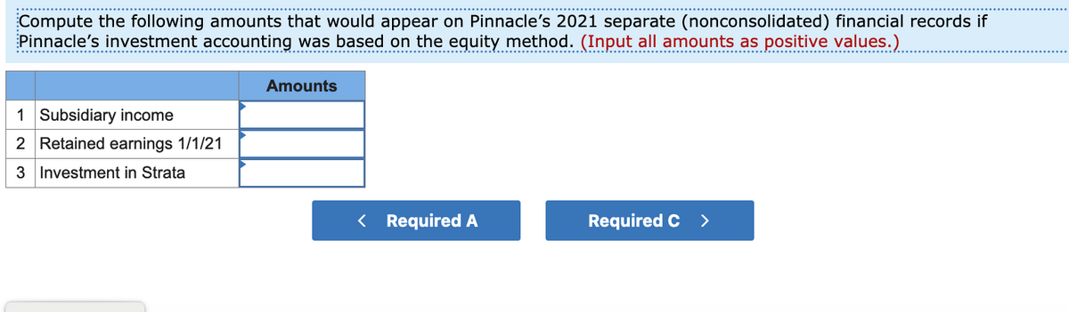 Compute the following amounts that would appear on Pinnacle's 2021 separate (nonconsolidated) financial records if
Pinnacle's investment accounting was based on the equity method. (Input all amounts as positive values.)
Amounts
1 Subsidiary income
2 Retained earnings 1/1/21
3 Investment in Strata
< Required A
Required C
>
