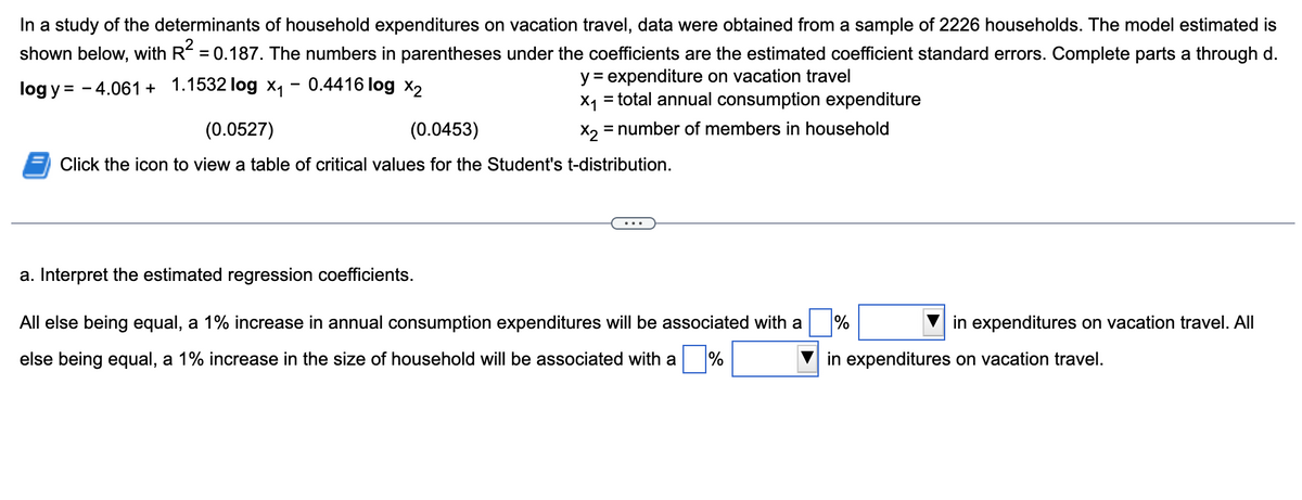 In a study of the determinants of household expenditures on vacation travel, data were obtained from a sample of 2226 households. The model estimated is
shown below, with R² = 0.187. The numbers in parentheses under the coefficients are the estimated coefficient standard errors. Complete parts a through d.
log y = - 4.061 + 1.1532 log x₁ -0.4416 log x₂
y = expenditure on vacation travel
= total annual consumption expenditure
X1
X₂ = number of members in household
(0.0527)
(0.0453)
Click the icon to view a table of critical values for the Student's t-distribution.
a. Interpret the estimated regression coefficients.
All else being equal, a 1% increase in annual consumption expenditures will be associated with a
else being equal, a 1% increase in the size of household will be associated with a %
%
in expenditures on vacation travel.
in expenditures on vacation travel. All