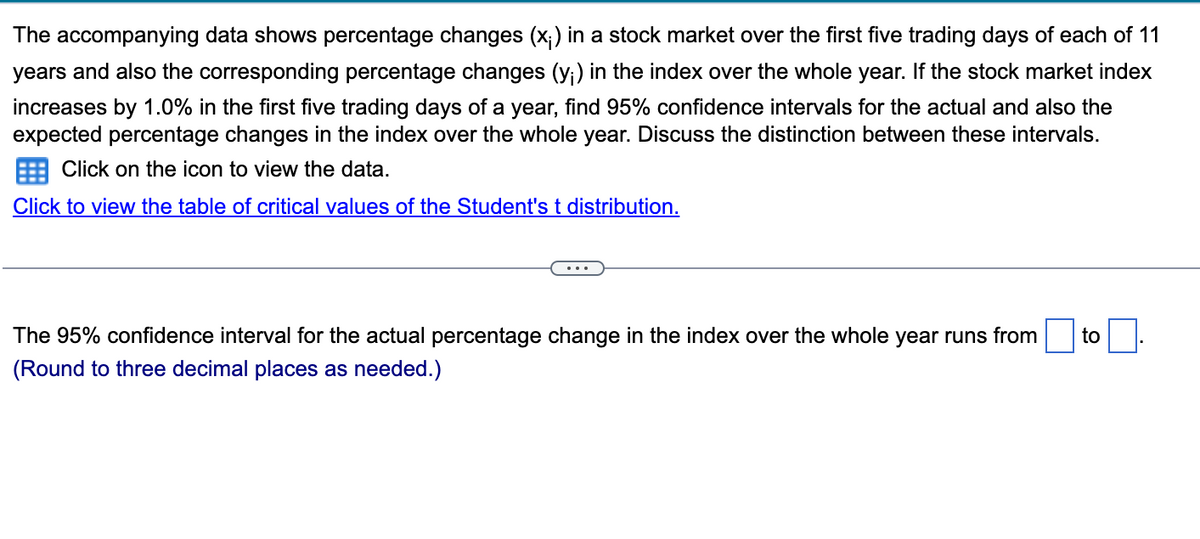 The accompanying data shows percentage changes (x;) in a stock market over the first five trading days of each of 11
years and also the corresponding percentage changes (y₁) in the index over the whole year. If the stock market index
increases by 1.0% in the first five trading days of a year, find 95% confidence intervals for the actual and also the
expected percentage changes in the index over the whole year. Discuss the distinction between these intervals.
Click on the icon to view the data.
Click to view the table of critical values of the Student's t distribution.
The 95% confidence interval for the actual percentage change in the index over the whole year runs from to
(Round to three decimal places as needed.)