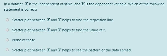In a dataset, X is the independent variable, and Y is the dependent variable. Which of the following
statement is correct?
Satter plot between X and Y helps to find the regression line.
O Scatter plot between X and Y helps to find the value of r.
O None of these
O Scatter plot between X and Y helps to see the pattern of the data spread.

