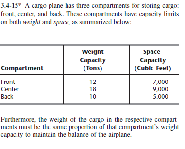 3.4-15* A cargo plane has three compartments for storing cargo:
front, center, and back. These compartments have capacity limits
on both weight and space, as summarized below:
Weight
Саpacity
(Tons)
Space
Сapacity
(Cubic Feet)
Compartment
Front
7,000
9,000
5,000
12
Center
18
Back
10
Furthermore, the weight of the cargo in the respective compart-
ments must be the same proportion of that compartment's weight
capacity to maintain the balance of the airplane.
