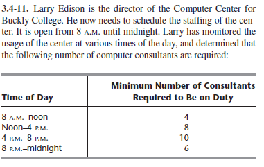 3.4-11. Larry Edison is the director of the Computer Center for
Buckly College. He now needs to schedule the staffing of the cen-
ter. It is open from 8 A.M. until midnight. Larry has monitored the
usage of the center at various times of the day, and determined that
the following number of computer consultants are required:
Minimum Number of Consultants
Time of Day
Required to Be on Duty
8 A.M.-noon
Noon 4 P.M.
4 р.М.-8 Р.м.
4
8
10
8 P.M.-midnight
6
