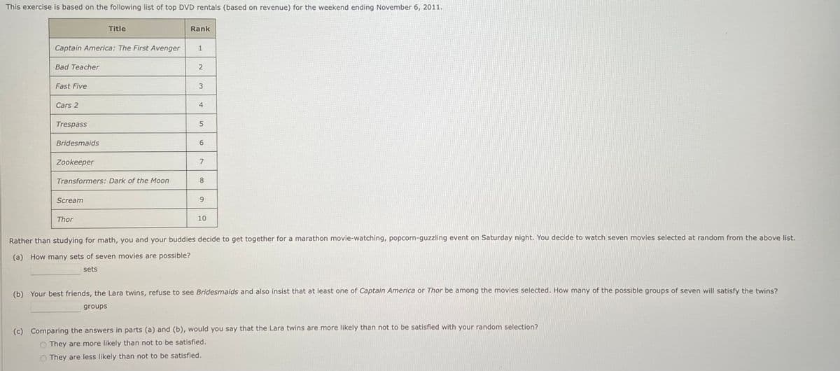 This exercise is based on the following list of top DVD rentals (based on revenue) for the weekend ending November 6, 2011.
Captain America: The First Avenger
Bad Teacher
Fast Five
Cars 2
Trespass
Bridesmaids
Zookeeper
Title
Transformers: Dark of the Moon
Scream
Thor
Rank
1
2
3
4
5
6
7
8
9
10
Rather than studying for math, you and your buddies decide to get together for a marathon movie-watching, popcorn-guzzling event on Saturday night. You decide to watch seven movies selected at random from the above list.
(a) How many sets of seven movies are possible?
sets
(b) Your best friends, the Lara twins, refuse to see Bridesmaids and also insist that at least one of Captain America or Thor be among the movies selected. How many of the possible groups of seven will satisfy the twins?
groups
(c) Comparing the answers in parts (a) and (b), would you say that the Lara twins are more likely than not to be satisfied with your random selection?
They are more likely than not to be satisfied.
They are less likely than not to be satisfied.