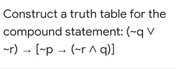 Construct a truth table for the
compound statement: (~q V
~r) →
[-p - (~r ^ q)]
