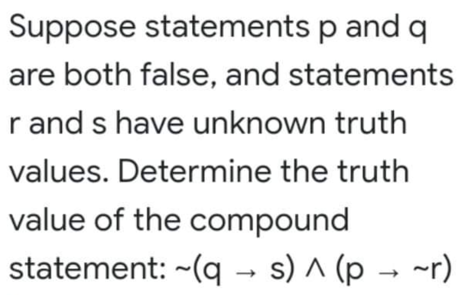 Suppose statements p and q
are both false, and statements
r and s have unknown truth
values. Determine the truth
value of the compound
statement: ~(q - s) ^ (p → ~r)
