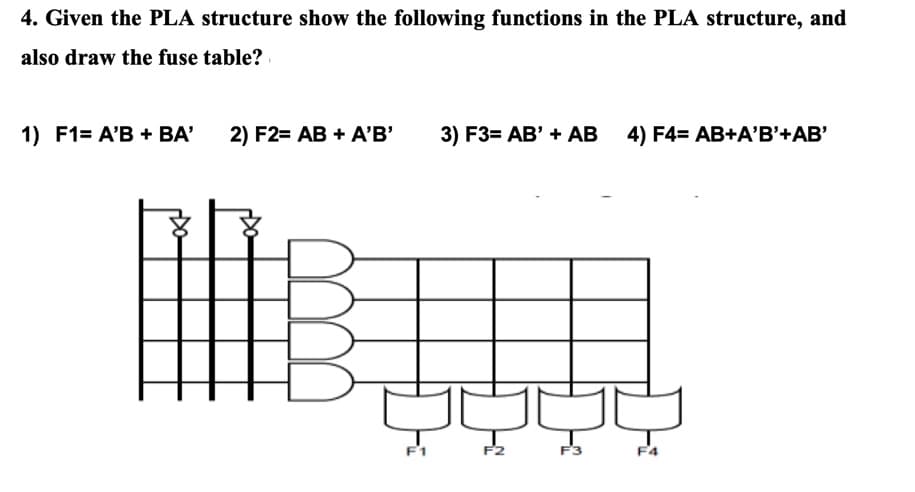 4. Given the PLA structure show the following functions in the PLA structure, and
also draw the fuse table?
1) F1= A'B + BA'
2) F2= AB + A'B'
3) F3= AB' + AB 4) F4= AB+A'B'+AB'
F2
F3
F4
