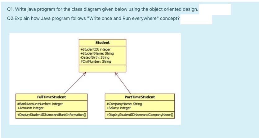 Q1. Write java program for the class diagram given below using the object oriented design.
Q2.Explain how Java program follows "Write once and Run everywhere" concept?
Student
+StudentID: integer
+StudentName: String
DateofBirth: Sring
#CivilNumber: String
FullTimeStudent
PartTimeStudent
#BankAccountNumber: integer
+Amount: integer
#CompanyName: String
+Salary: integer
+DisplayStudentIDNameandBankinformation0
+DisplayStudentIDNameandCompanyName0
