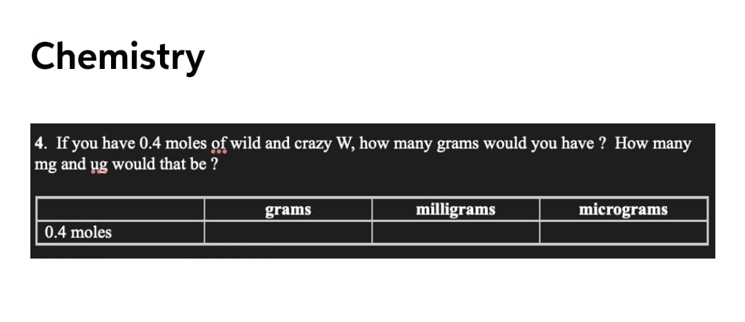 Chemistry
4. If you have 0.4 moles of wild and crazy W, how many grams would you have ? How many
mg and ug would that be ?
grams
milligrams
micrograms
0.4 moles

