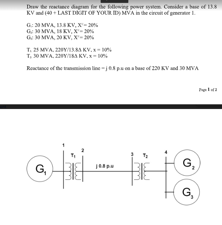 Draw the reactance diagram for the following power system. Consider a base of 13.8
KV and (40 + LAST DIGIT OF YOUR ID) MVA in the circuit of generator 1.
G: 20 MVA, 13.8 KV, X'= 20%
G2: 30 MVA, 18 KV, X"= 20%
G;: 30 MVA, 20 KV, X"= 20%
T1. 25 MVA, 220Y/13.8A KV, x = 10%
T2. 30 MVA, 220Y/18A KV, x = 10%
Reactance of the transmission line =j 0.8 p.u on a base of 220 KV and 30 MVA
Page 1 of 2
ent
2
T1
3
T2
G,
j0.8 p.u
G,
G,

