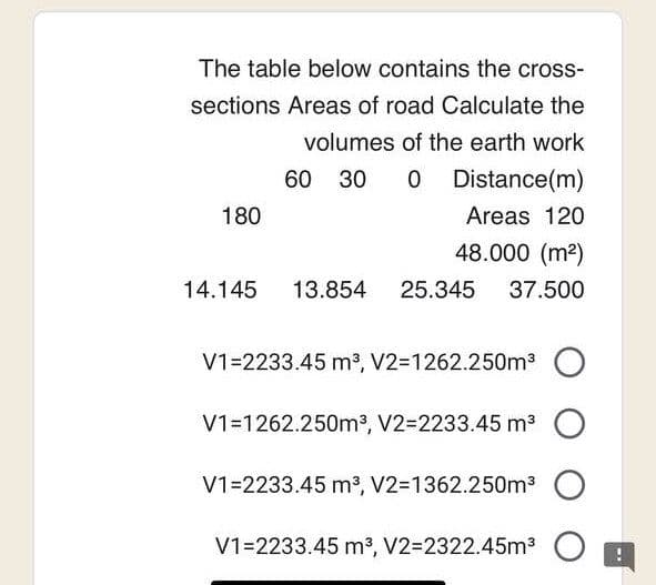 The table below contains the cross-
sections Areas of road Calculate the
volumes of the earth work
0 Distance (m)
60 30
Areas 120
48.000 (m²)
14.145 13.854 25.345 37.500
180
V1=2233.45 m³, V2=1262.250m³ O
V1=1262.250m³, V2=2233.45 m³ O
V1=2233.45 m³, V2=1362.250m³ O
O
V1=2233.45 m³, V2=2322.45m³