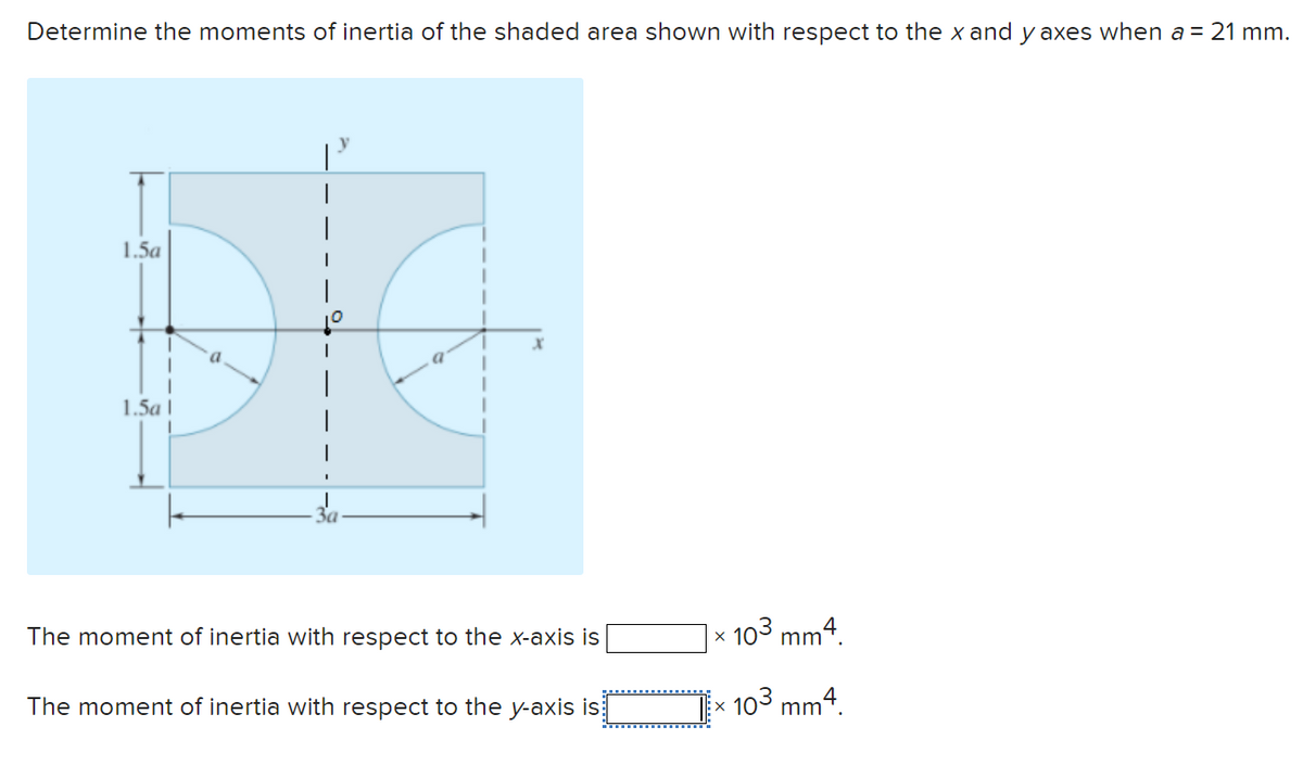 Determine the moments of inertia of the shaded area shown with respect to the x and y axes when a = 21 mm.
1.5a
1.5a 1
The moment of inertia with respect to the x-axis is
The moment of inertia with respect to the y-axis is
X
X
103 mm4.
103 mm4.