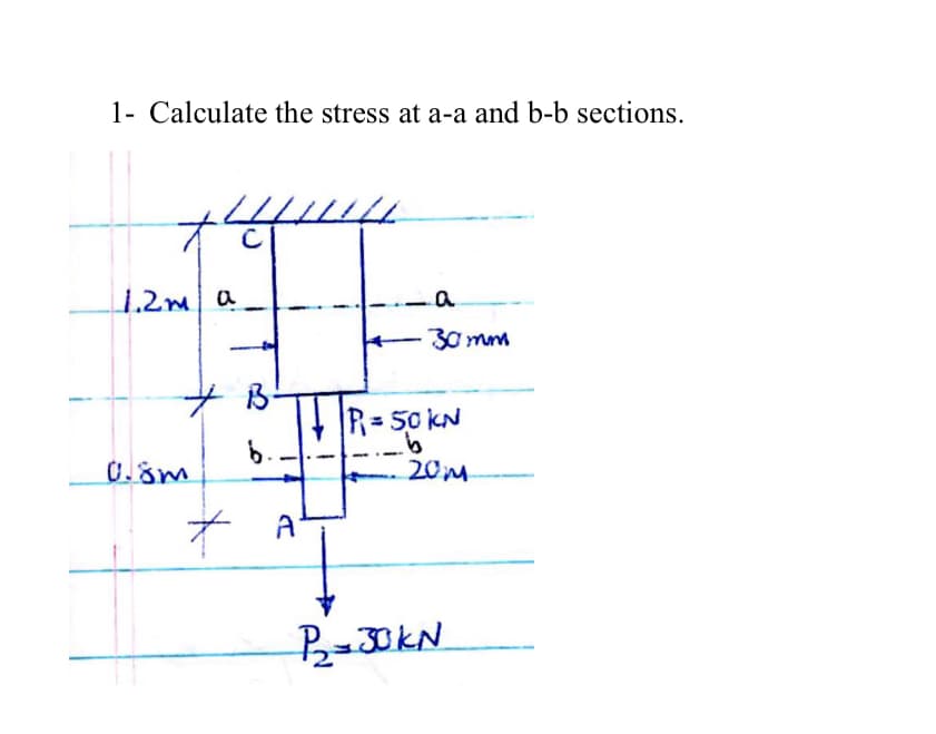 1- Calculate the stress at a-a and b-b sections.
to
1.2m a
30mm
R=
6.
= 50 KN
9.
- 20M
0.8m
