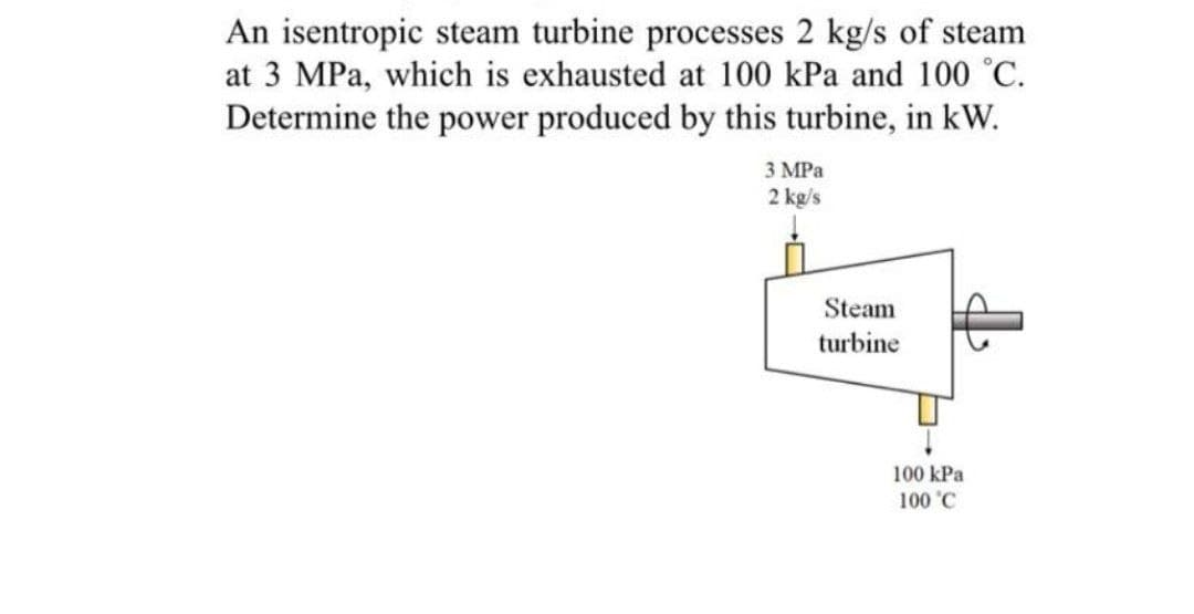 An isentropic steam turbine processes 2 kg/s of steam
at 3 MPa, which is exhausted at 100 kPa and 100 °C.
Determine the power produced by this turbine, in kW.
3 МРа
2 kg/s
Steam
turbine
100 kPa
100 'C
