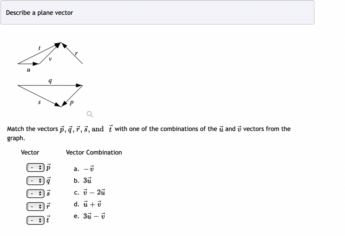 Describe a plane vector
u
9
Vector
Match the vectors p, q, r, s, and t with one of the combinations of the u and vectors from the
graph.
Р
r
Vector Combination
a. - v
b. 3u
c. v - 2u
d. u + v
e. 3u - v