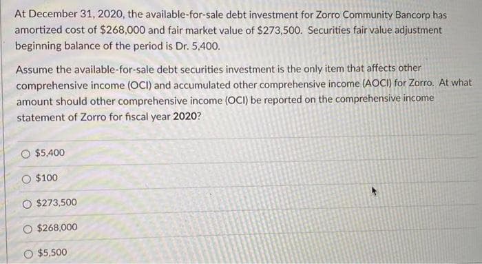 At December 31, 2020, the available-for-sale debt investment for Zorro Community Bancorp has
amortized cost of $268,000 and fair market value of $273,500. Securities fair value adjustment
beginning balance of the period is Dr. 5,400.
Assume the available-for-sale debt securities investment is the only item that affects other
comprehensive income (OCI) and accumulated other comprehensive income (AOCI) for Zorro. At what
amount should other comprehensive income (OCI) be reported on the comprehensive income
statement of Zorro for fiscal year 2020?
$5,400
O $100
O $273,500
O $268,000
O $5,500
