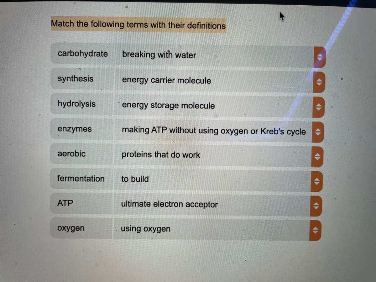 Match the following terms with their definitions
carbohydrate
breaking with water
synthesis
energy carrier molecule
hydrolysis
energy storage molecule
enzymes
making ATP without using oxygen or Kreb's cycle
aerobic
proteins that do work
fermentation
to build
ATP
ultimate electron acceptor
oxygen
using oxygen
