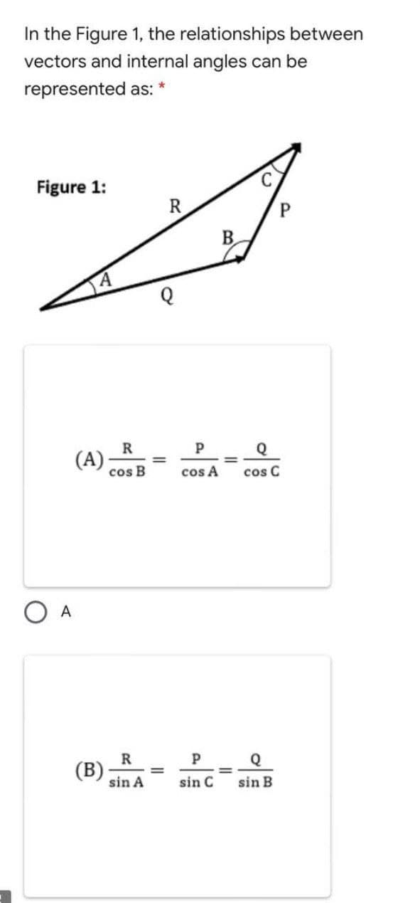 In the Figure 1, the relationships between
vectors and internal angles can be
represented as: *
Figure 1:
B.
R
(A)
cos B
P
Q
cos A
cos C
O A
R
(B)
sin A
sin C
sin B
