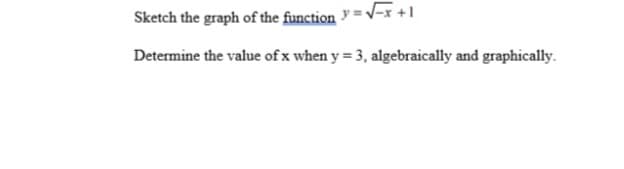 √x+1
Sketch the graph of the function
Determine the value of x when y = 3, algebraically and graphically.