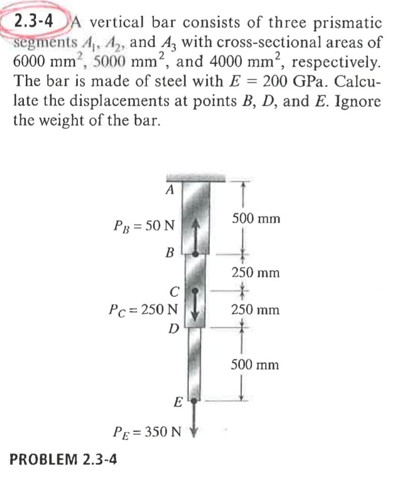 2.3-4 A vertical bar consists of three prismatic
segments A, A, and A, with cross-sectional areas of
6000 mm², 5000 mm², and 4000 mm², respectively.
The bar is made of steel with E =
200 GPa. Calcu-
late the displacements at points B, D, and E. Ignore
the weight of the bar.
A
500 mm
PB = 50 N
250 mm
Pc = 250 N
250 mm
500 mm
PE = 350 N
PROBLEM 2.3-4
