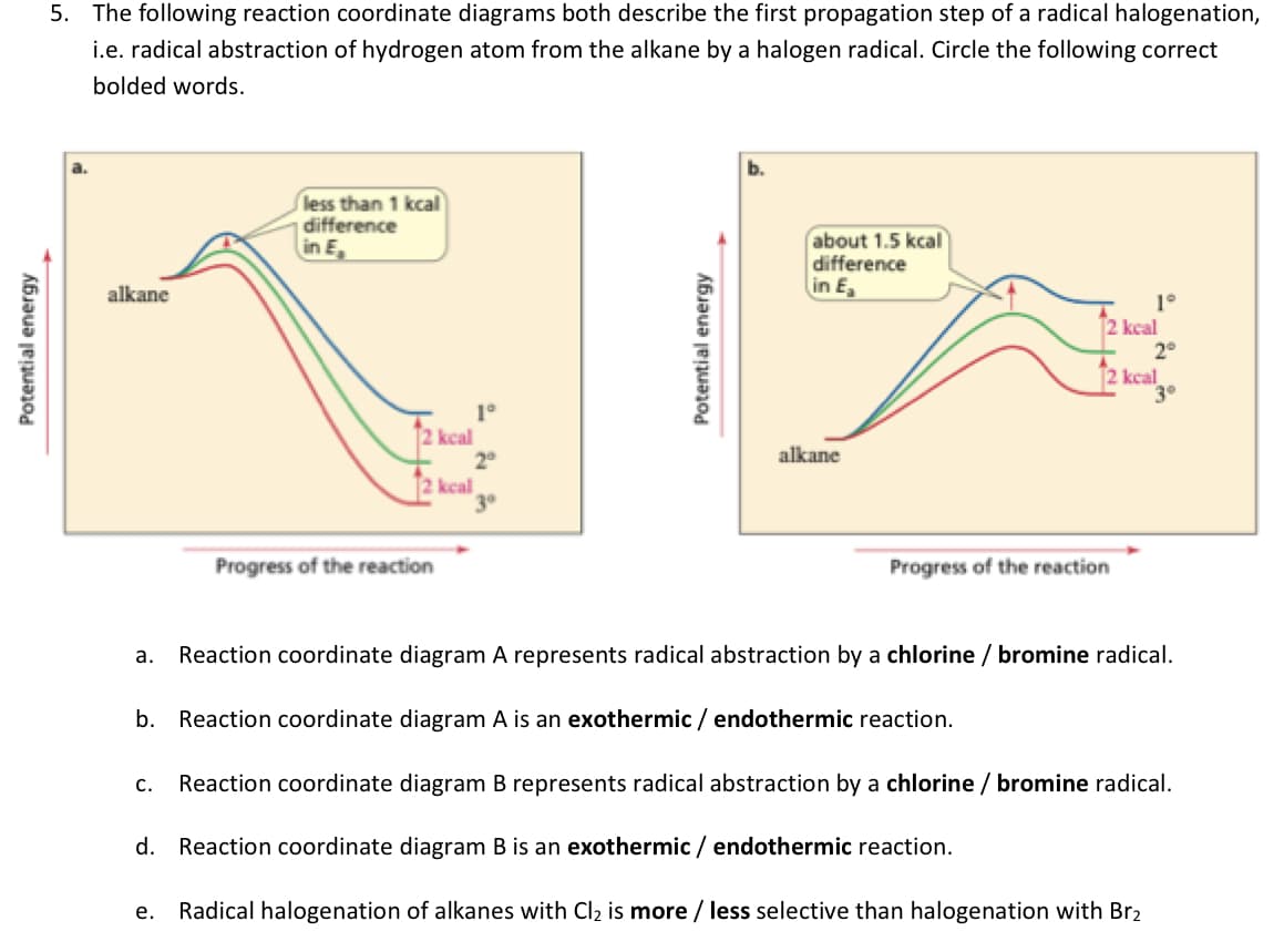 Potential energy
5. The following reaction coordinate diagrams both describe the first propagation step of a radical halogenation,
i.e. radical abstraction of hydrogen atom from the alkane by a halogen radical. Circle the following correct
bolded words.
alkane
less than 1 kcal
difference
in E
2 kcal
Progress of the reaction
1°
2⁰
3⁰
keal
Potential energy
(about 1.5 kcal
difference
in E₂
alkane
2 kcal
Progress of the reaction
b. Reaction coordinate diagram A is an exothermic/ endothermic reaction.
1°
2 kcal
2°
a. Reaction coordinate diagram A represents radical abstraction by a chlorine / bromine radical.
e. Radical halogenation of alkanes with Cl₂ is more / less selective than halogenation with Br₂
3°
C. Reaction coordinate diagram B represents radical abstraction by a chlorine / bromine radical.
d. Reaction coordinate diagram B is an exothermic/ endothermic reaction.