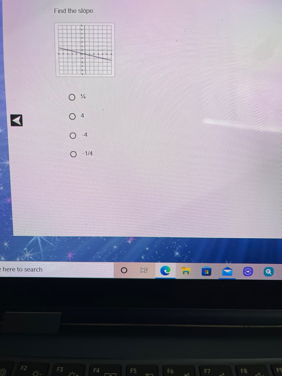 Find the slope:
O 4
-4
O -1/4
e here to search
F2
F3
F4
F5
F6
F7
F8
F9
