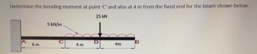 Determine the bending moment at point 'C' and also at 4 m from the fixed end for the beam shown below.
25 kN
5 kN/m
6 m
4 m
4m
