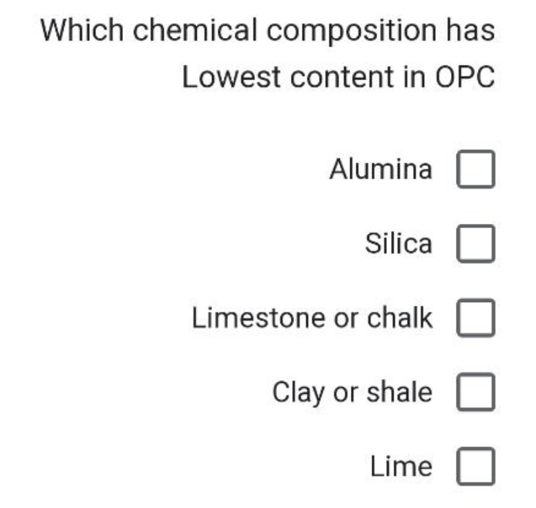 Which chemical composition has
Lowest content in OPC
Alumina
Silica
Limestone or chalk
Clay or shale
Lime