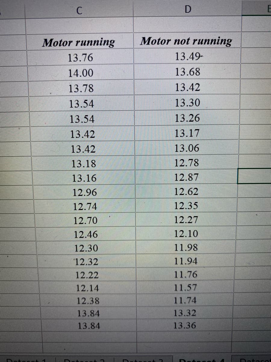 C
Motor running
Motor not running
13.76
13.49-
14.00
13.68
13.78
13.42
13.54
13.30
13.54
13.26
13.42
13.17
13.42
13.06
13.18
12.78
13.16
12.87
12.96
12.62
12.74
12.35
12.70
12.27
12.46
12.10
12.30
11.98
12.32
11.94
12.22
11.76
12.14
11.57
12.38
11.74
13.84
13.32
13.84
13.36
Datagat 1
Date
Datacot
