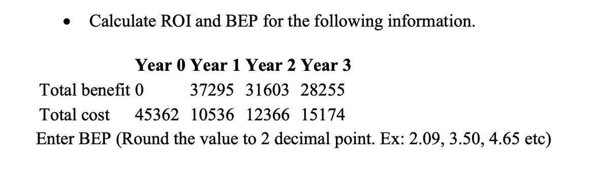 Calculate ROI and BEP for the following information.
Year 0 Year 1 Year 2 Year 3
Total benefit 0
37295 31603 28255
Total cost
45362 10536 12366 15174
Enter BEP (Round the value to 2 decimal point. Ex: 2.09, 3.50, 4.65 etc)
