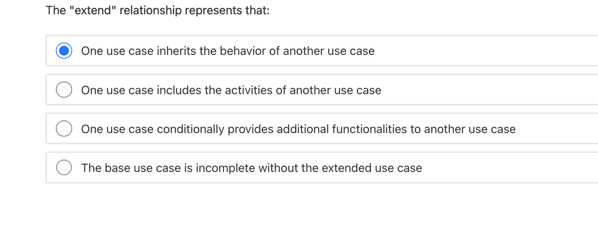 The "extend" relationship represents that:
One use case inherits the behavior of another use case
One use case includes the activities of another use case
One use case conditionally provides additional functionalities to another use case
The base use case is incomplete without the extended use case
