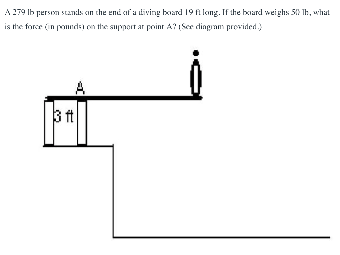 A 279 lb person stands on the end of a diving board 19 ft long. If the board weighs 50 lb, what
is the force (in pounds) on the support at point A? (See diagram provided.)
3 ft
