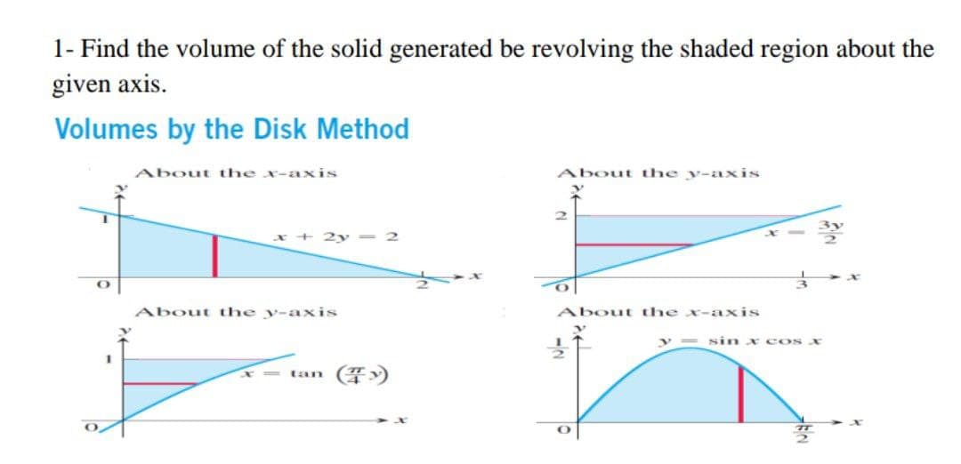 1- Find the volume of the solid generated be revolving the shaded region about the
given axis.
Volumes by the Disk Method
About the x-axis
About the y-axis
2.
About the y-axis
About the x-axis
|3|
sin x cos x
tan (y)
