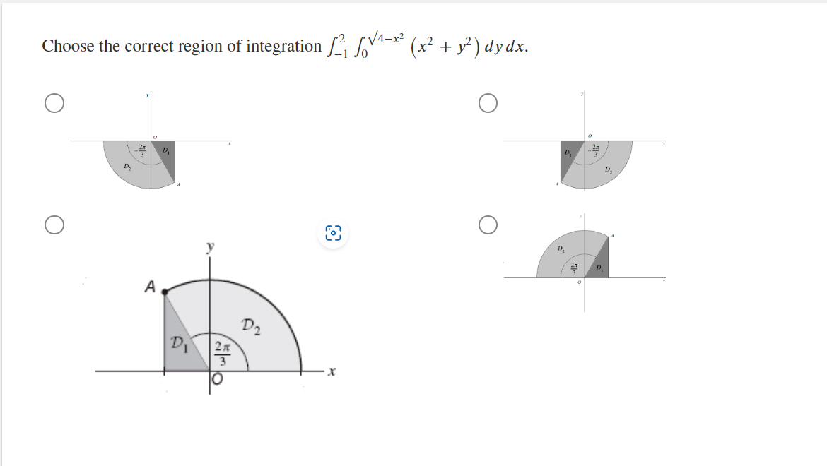Choose the correct region of integration ²₁ √√4x² (x² + y²) dy dx.
A
D₁
D₂
D₁