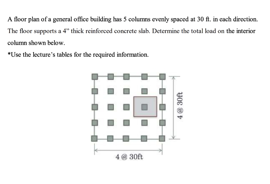 A floor plan of a general office building has 5 columns evenly spaced at 30 ft. in each direction.
The floor supports a 4" thick reinforced concrete slab. Determine the total load on the interior
column shown below.
*Use the lecture's tables for the required information.
4 @ 30ft
4 @ 30ft
