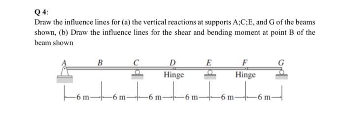 Q 4:
Draw the influence lines for (a) the vertical reactions at supports A;C;E, and G of the beams
shown, (b) Draw the influence lines for the shear and bending moment at point B of the
beam shown
B
D
F
Hinge
Hinge
tomtom-
-6 m-
-6 m-
-6 m-
-6 m-
-6 m-
