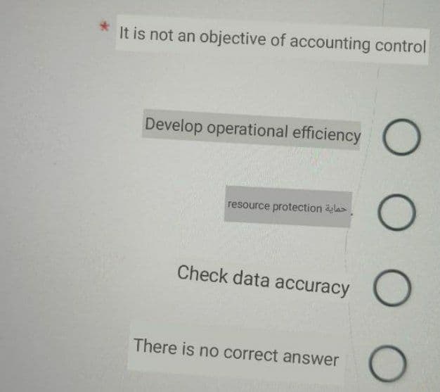 It is not an objective of accounting control
Develop operational efficiency
resource protection las
Check data accuracy
There is no correct answer

