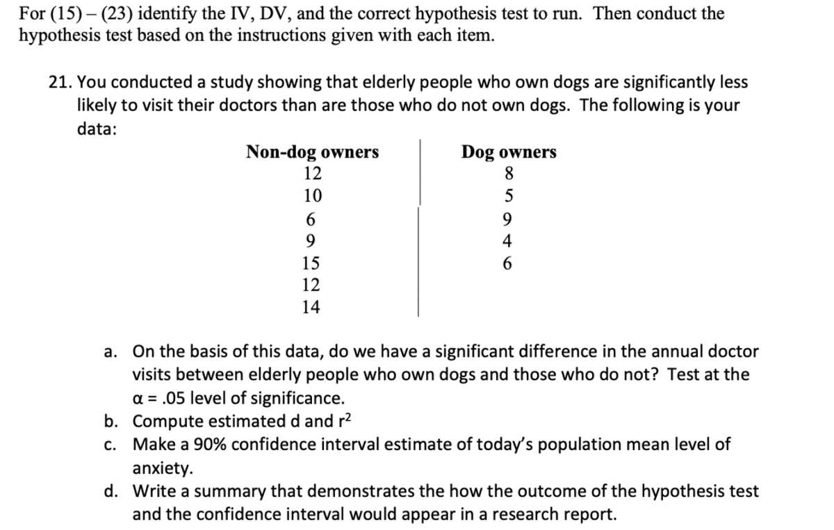 For (15) – (23) identify the IV, DV, and the correct hypothesis test to run. Then conduct the
hypothesis test based on the instructions given with each item.
21. You conducted a study showing that elderly people who own dogs are significantly less
likely to visit their doctors than are those who do not own dogs. The following is your
data:
Non-dog owners
Dog owners
8.
12
10
9.
4
15
12
14
a. On the basis of this data, do we have a significant difference in the annual doctor
visits between elderly people who own dogs and those who do not? Test at the
a = .05 level of significance.
b. Compute estimated d and r2
c. Make a 90% confidence interval estimate of today's population mean level of
anxiety.
d. Write a summary that demonstrates the how the outcome of the hypothesis test
and the confidence interval would appear in a research report.
