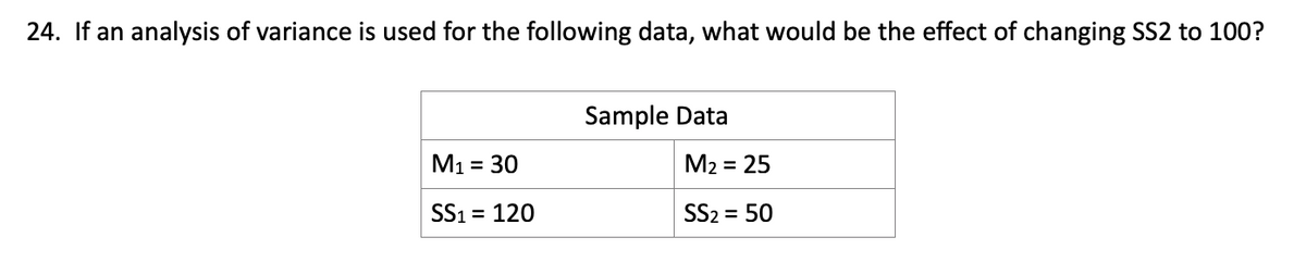 24. If an analysis of variance is used for the following data, what would be the effect of changing SS2 to 100?
Sample Data
M1 = 30
M2 = 25
SS1 = 120
SS2 = 50
