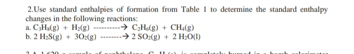 2.Use standard enthalpies of formation from Table 1 to determine the standard enthalpy
changes in the following reactions:
a. C3H8(g) + H2(g)
b. 2 H2S(g) + 302(g)
-→ C;H«(g) + CH4(g)
-→ 2 SO2(g) + 2 H2O(1)
2 A 1 c20
IL (e)
