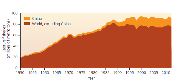 100
China
80 -
World, excluding China
40 -
20-
1950
1955
1960 1965 1970
1975
1980 1985
1990 1995 2000 2005 2010
Year
Capture fisheries
(millio ns of metric tons)
