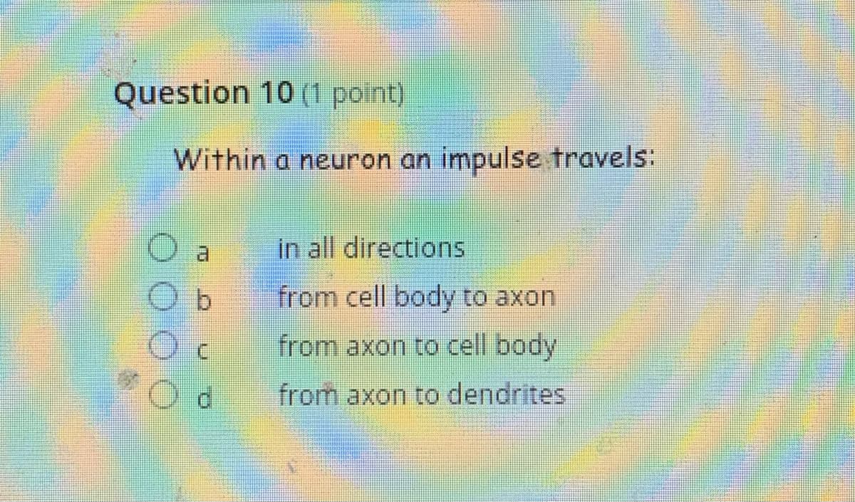 Question 10 (1 point)
Within a neuron an impulse travels:
O a
in all directions
b.
from cell body to axon
from axon to cell body
from axon to dendrites
