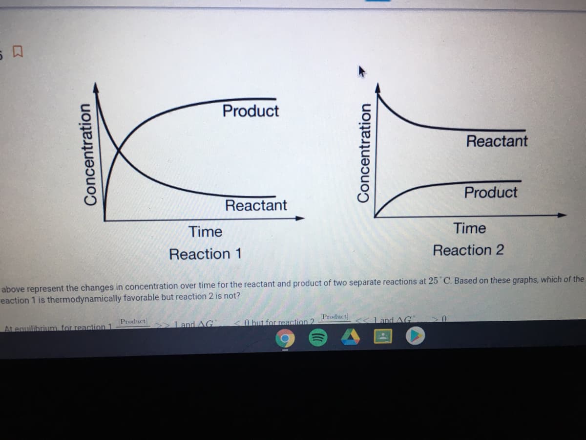 Product
Reactant
Product
Reactant
Time
Time
Reaction 1
Reaction 2
above represent the changes in concentration over time for the reactant and product of two separate reactions at 25 C. Based on these graphs, which of the
reaction 1 is thermodynamically favorable but reaction 2 is not?
Product
Product)
1 and AG
O but for reaction 2
<<Land AG"
At equilibrium for reaction 1
Concentration
Concentration
