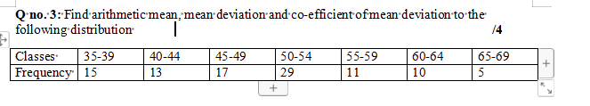 Q'no. 3: Find'arithmeticmean, mean deviation and co-efficient ofmean deviation to the
following distribution
14
55-59
Classes
Frequency 15
35-39
40-44
45-49
50-54
60-64
65-69
13
17
29
11
10
5
